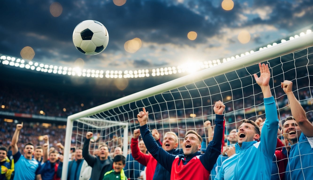 Sebuah bola sepak terbang ke dalam jaring gawang, dikelilingi oleh penggemar yang bersorak di stadion