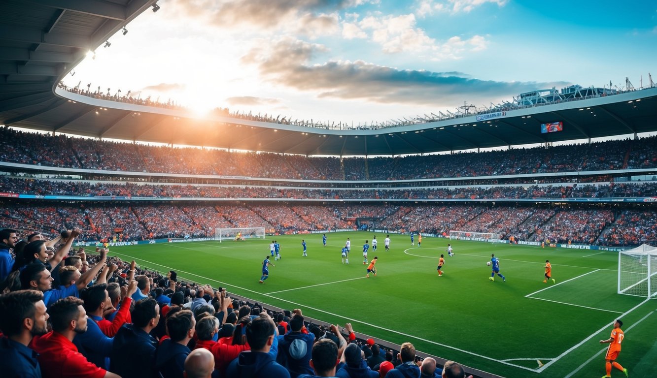 Sebuah stadion yang ramai dengan penggemar yang bersorak dan lapangan sepak bola dengan pemain yang sedang beraksi