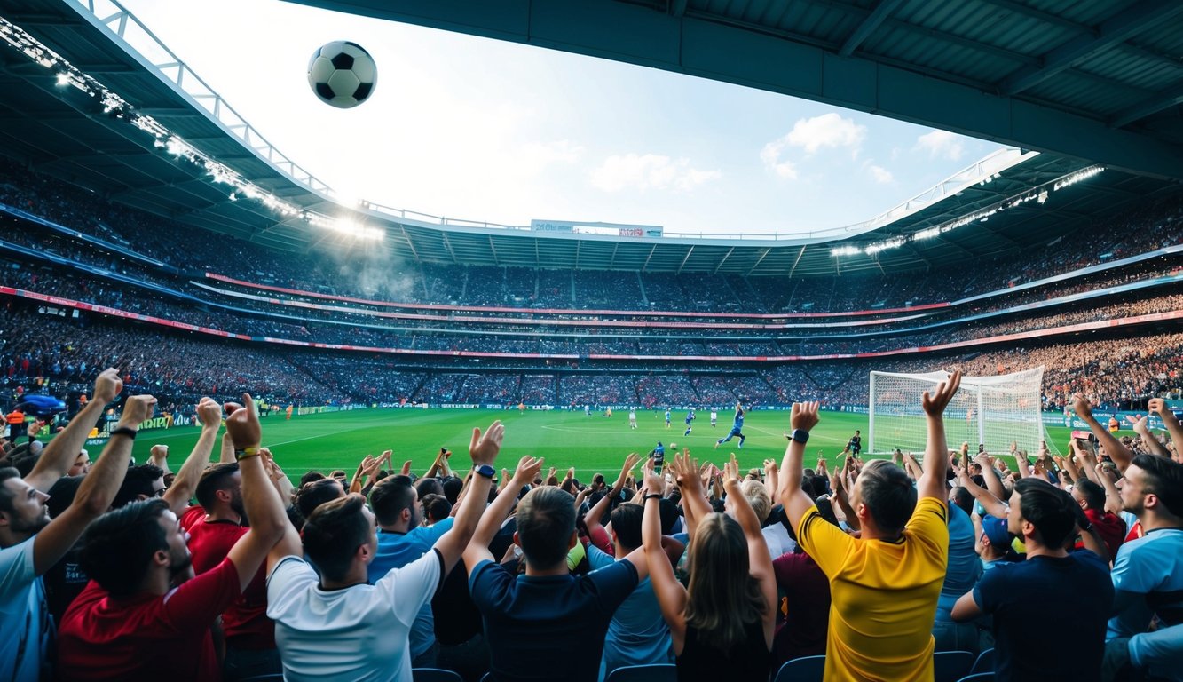 Sebuah stadion yang ramai dengan penggemar yang bersorak dan bola sepak terbang di udara menuju gawang