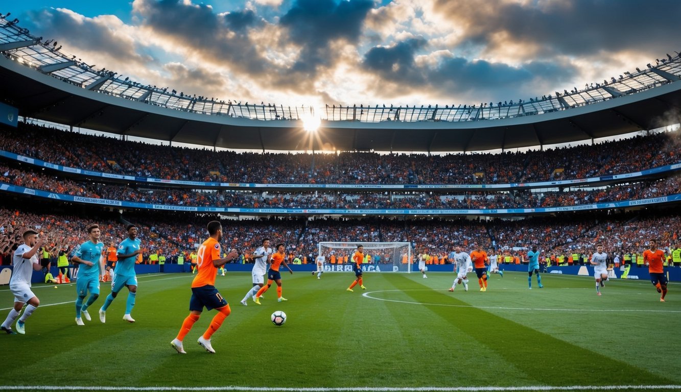 Sebuah stadion yang ramai dengan penggemar yang bersorak, lapangan sepak bola, dan pemain yang sedang beraksi