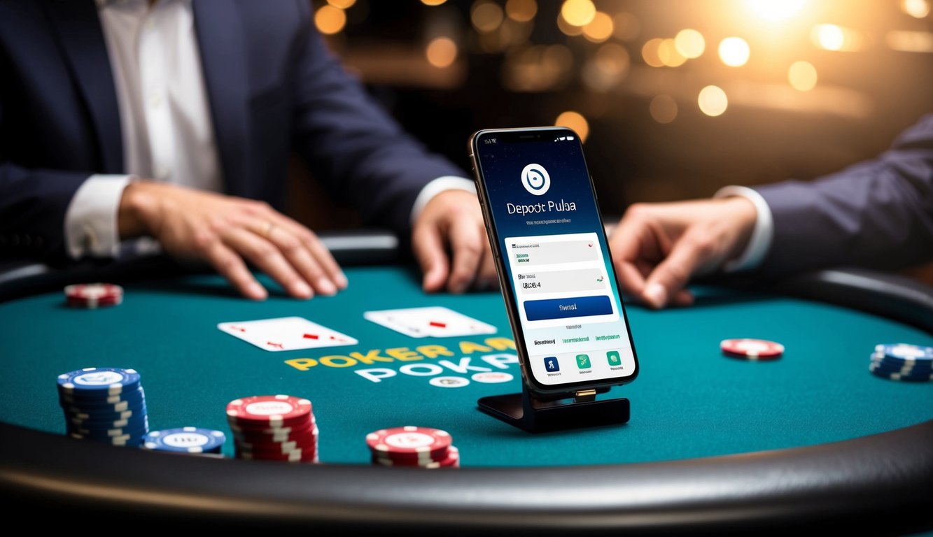 Sebuah meja poker dengan chip dan kartu, sebuah smartphone dengan opsi deposit pulsa, dan koneksi internet yang kuat