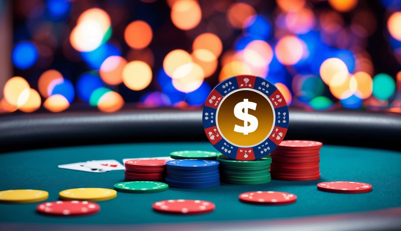 Meja poker online yang berwarna-warni dan hidup dengan chip, kartu, dan ikon bonus yang ditampilkan dengan jelas