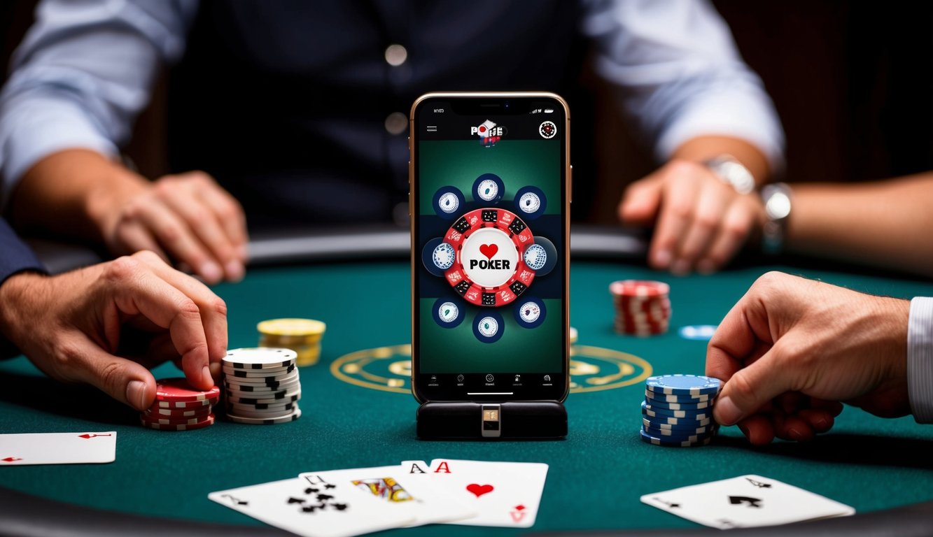 Sebuah meja dengan kartu poker, chip, dan sebuah smartphone yang menampilkan aplikasi poker online