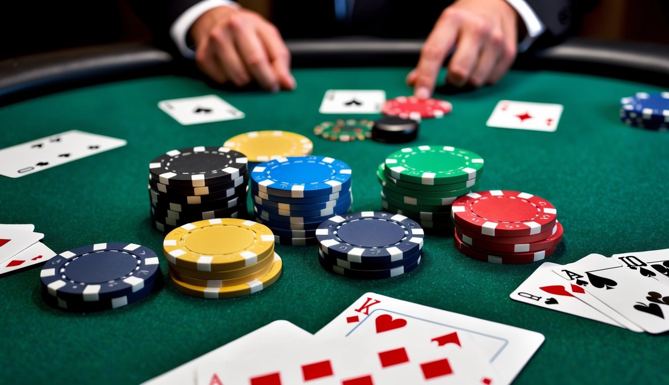 Sekelompok chip poker berwarna-warni tersebar di atas meja felt hijau, dikelilingi oleh kartu dan tombol dealer