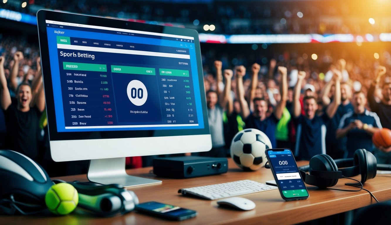 Sebuah layar komputer yang menampilkan odds taruhan olahraga dan sebuah ponsel dengan aplikasi taruhan terbuka, dikelilingi oleh peralatan olahraga dan kerumunan yang bersorak di latar belakang