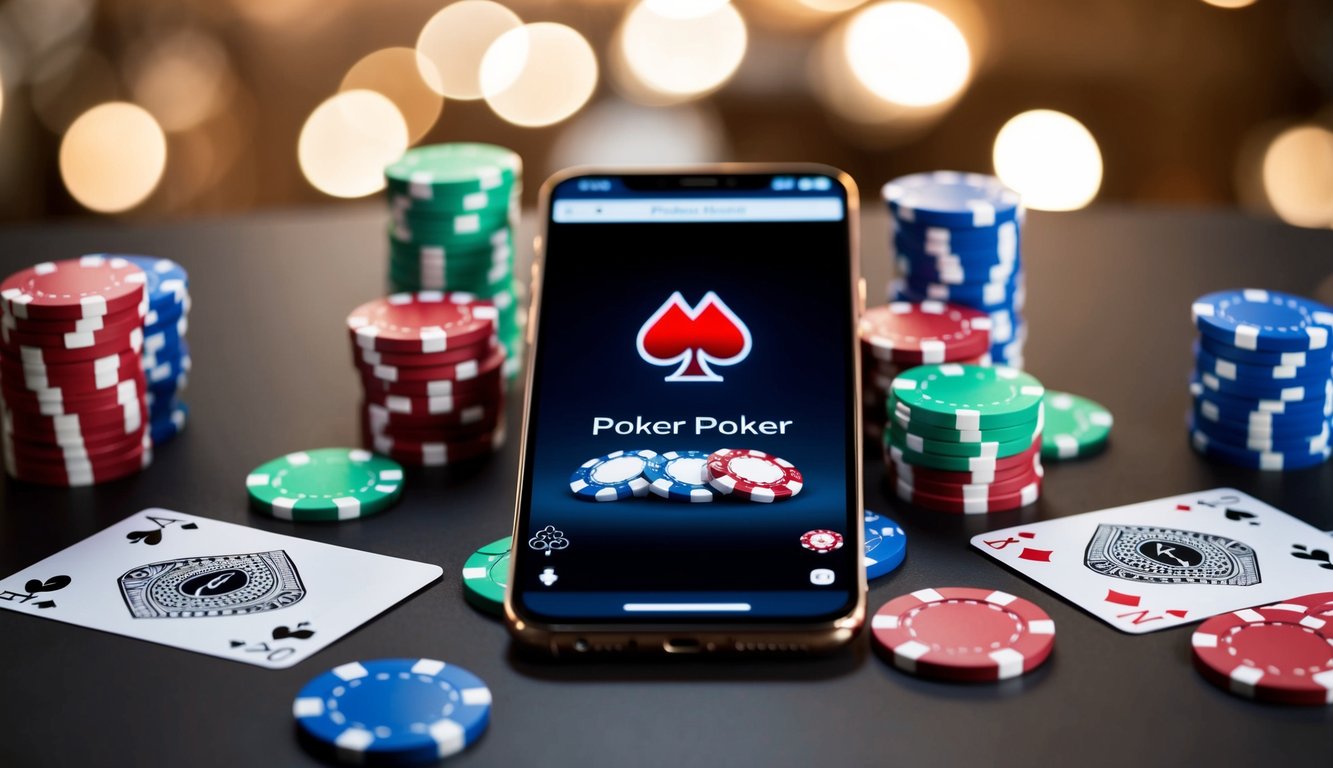 Sebuah smartphone dengan aplikasi poker terbuka, dikelilingi oleh chip poker virtual dan kartu di atas meja