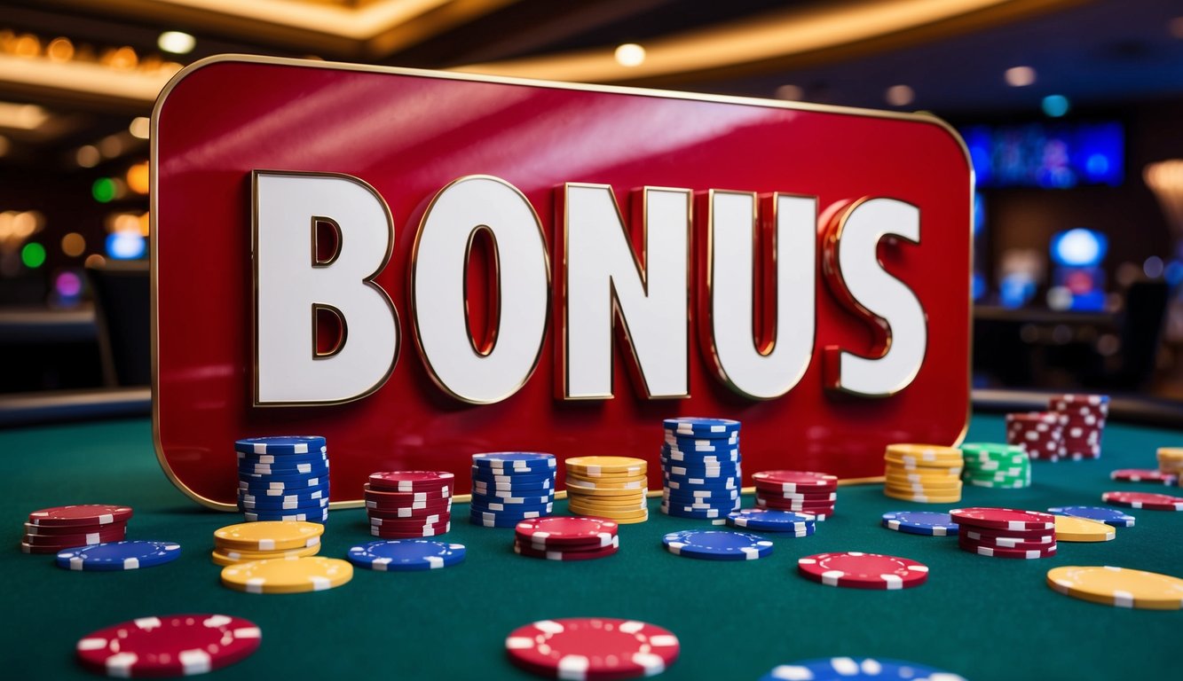 Sebuah suasana kasino yang meriah dengan tanda bonus besar dan chip poker berwarna-warni tersebar di atas meja