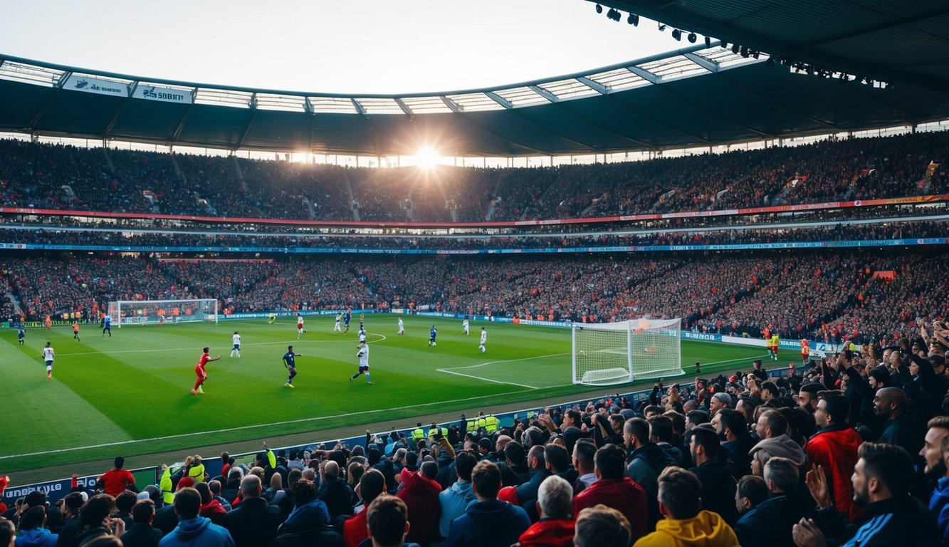 Sebuah stadion yang ramai dengan penggemar yang bersorak dan lapangan sepak bola dengan pemain yang sedang beraksi