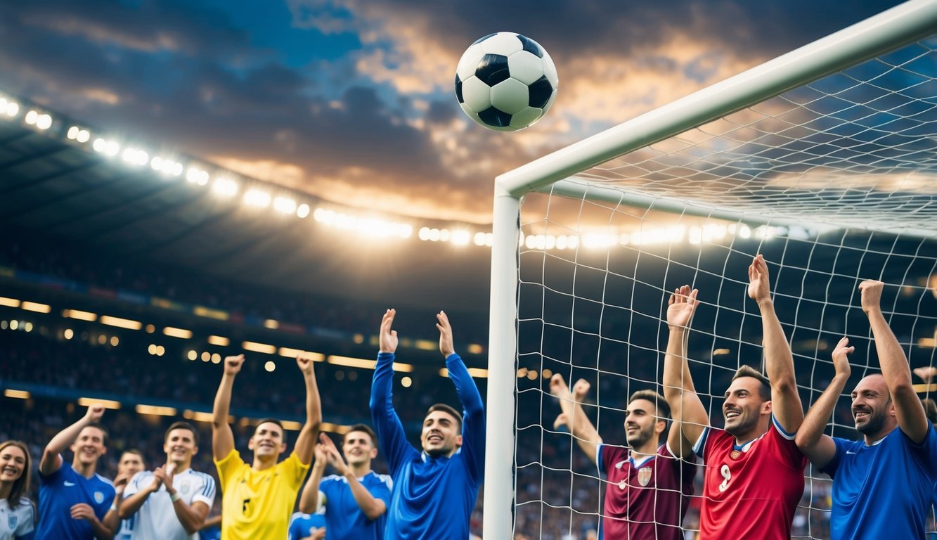 Sebuah bola sepak terbang ke sudut atas gawang, dikelilingi oleh para penggemar yang bersorak di sebuah stadion