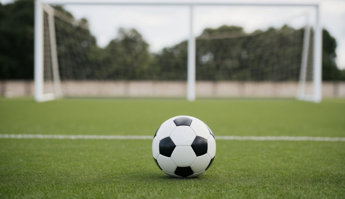 Sebuah bola sepak di lapangan hijau dengan tiang gawang di latar belakang