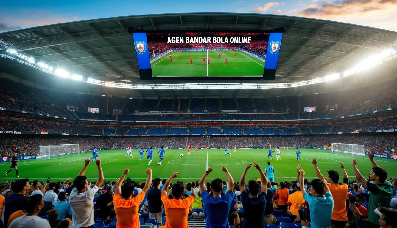 Sebuah stadion sepak bola yang ramai dengan penggemar bersorak, pemain beraksi, dan papan skor menampilkan nama "Agen bandar bola online."