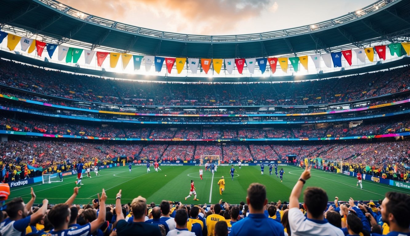 Sebuah stadion yang ramai dengan penggemar yang bersorak, spanduk berwarna-warni, dan pemain di lapangan, menciptakan suasana kegembiraan dan antisipasi.