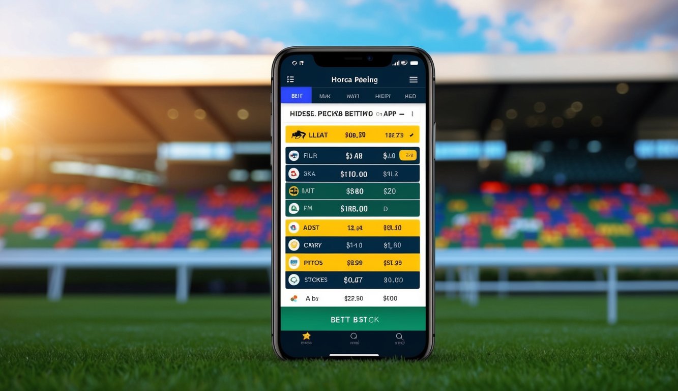 Aplikasi taruhan balap kuda dengan antarmuka dinamis dan latar belakang trek balap yang berwarna-warni