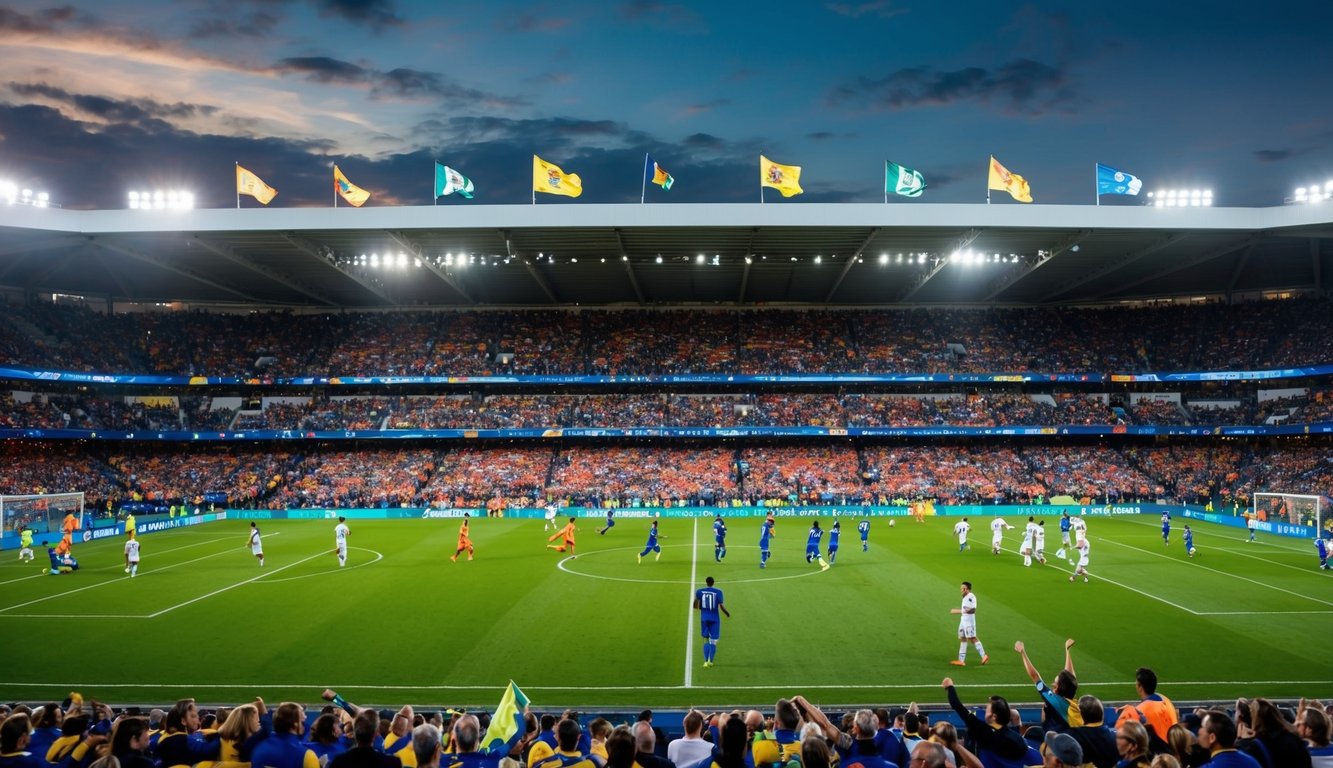 Sebuah stadion sepak bola yang ramai dengan penggemar yang bersorak dan pemain di lapangan, dikelilingi oleh spanduk dan bendera berwarna-warni