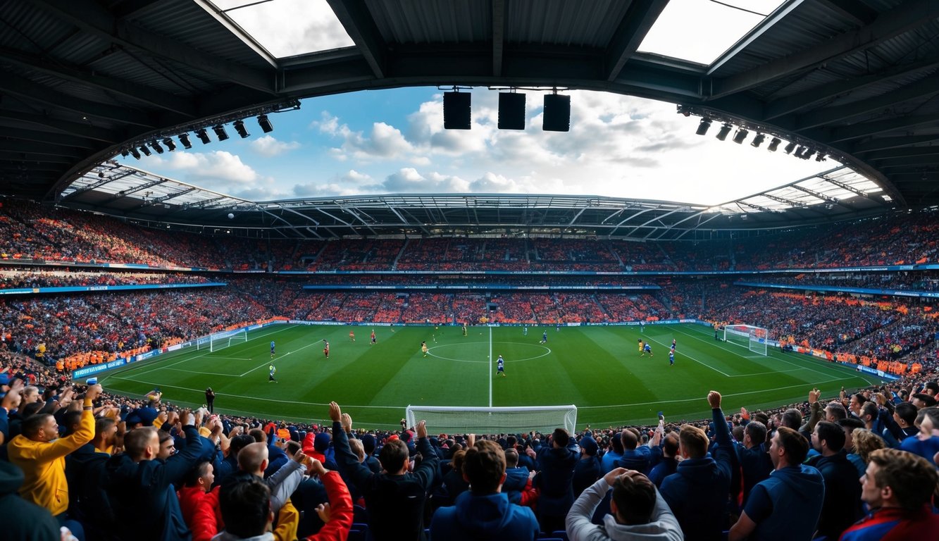 Sebuah stadion yang ramai dengan penggemar yang bersorak, lapangan sepak bola, dan pemain yang sedang beraksi