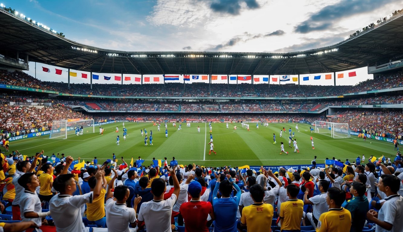 Sebuah stadion sepak bola yang ramai di Indonesia, dengan penggemar yang bersorak-sorai dan pemain di lapangan, dikelilingi oleh spanduk dan bendera berwarna-warni