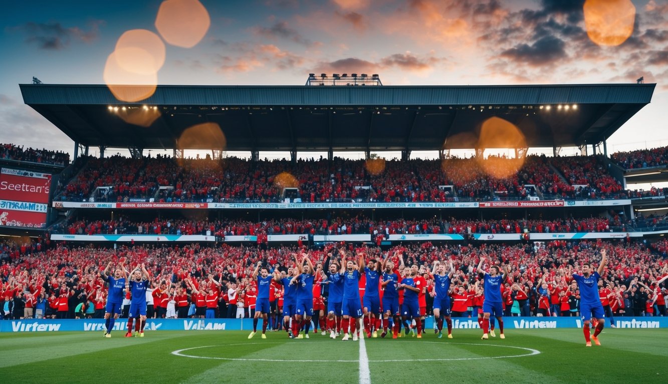 Sebuah stadion yang ramai dengan penggemar yang bersorak dan pemain di lapangan