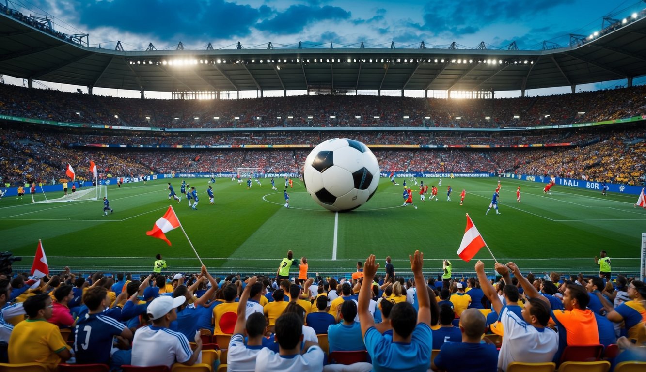 Sebuah stadion sepak bola yang ramai dengan bandar bola yang besar dan sibuk di tengah. Para penggemar bersorak dan melambaikan bendera di tribun.