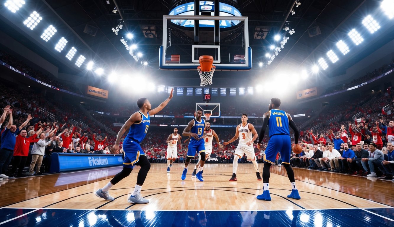 Sebuah lapangan basket dengan pemain yang sedang beraksi, dikelilingi oleh penggemar yang bersorak dan lampu stadion yang terang