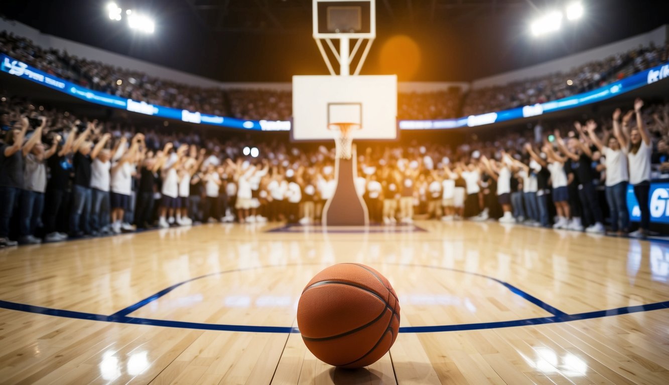 Sebuah lapangan basket dengan ring dan bola, dikelilingi oleh penggemar yang bersorak