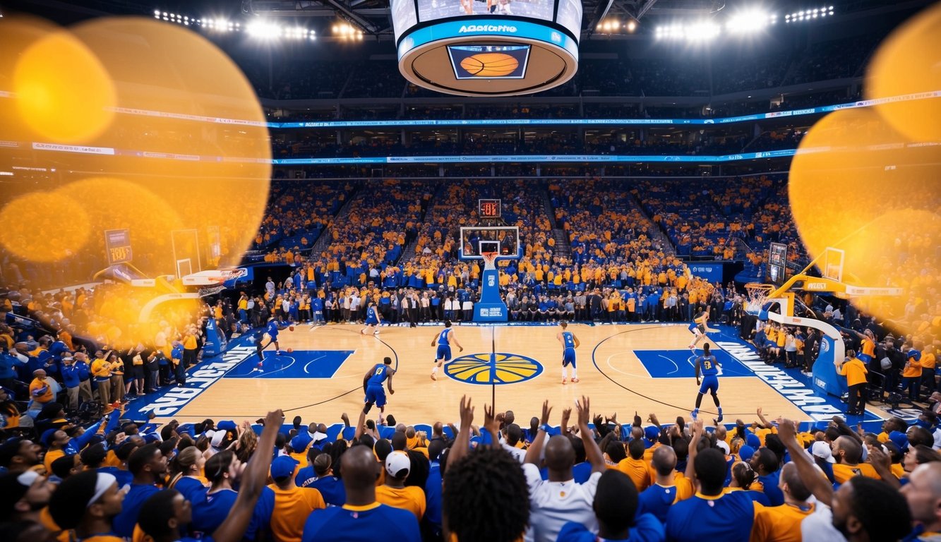 Sebuah pertandingan basket di stadion yang ramai dengan pemain di lapangan dan penggemar bersorak di tribun