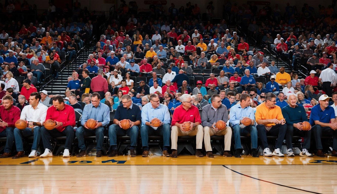 Sebuah lapangan basket yang ramai dengan penonton yang memasang taruhan langsung