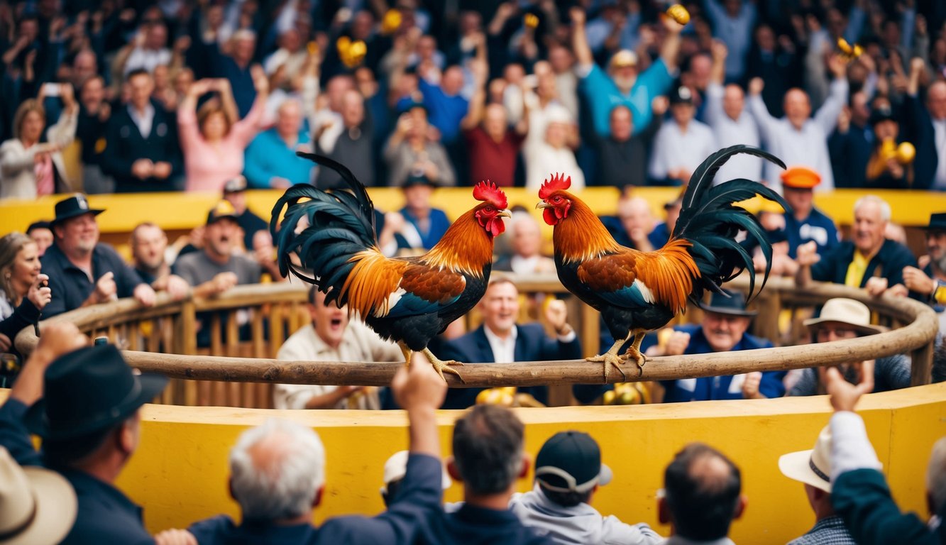 Sebuah arena yang ramai dengan ayam jantan yang berhadapan di tengah, dikelilingi oleh penonton yang antusias bersorak dan memasang taruhan