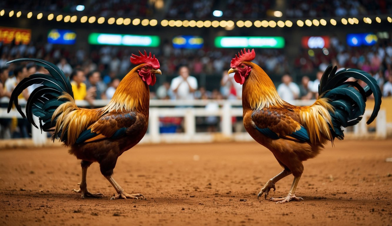 Sebuah arena yang ramai dengan dua ayam jantan yang berhadapan dalam sabung ayam tradisional S128 Resmi. Penonton bersorak dan memasang taruhan.