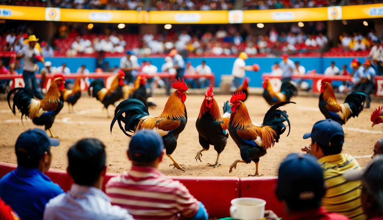 Sebuah arena yang hidup dan ramai dipenuhi dengan ayam jantan berwarna-warni, penonton yang antusias, dan aksi sabung ayam yang intens