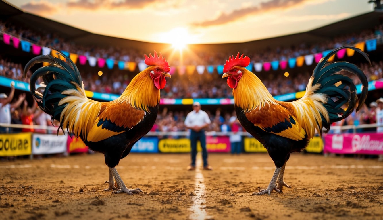 Dua ayam jantan berhadapan di arena yang ramai, dikelilingi oleh penonton yang bersorak dan spanduk berwarna-warni. Matahari terbenam di latar belakang, memancarkan cahaya hangat di atas pemandangan.