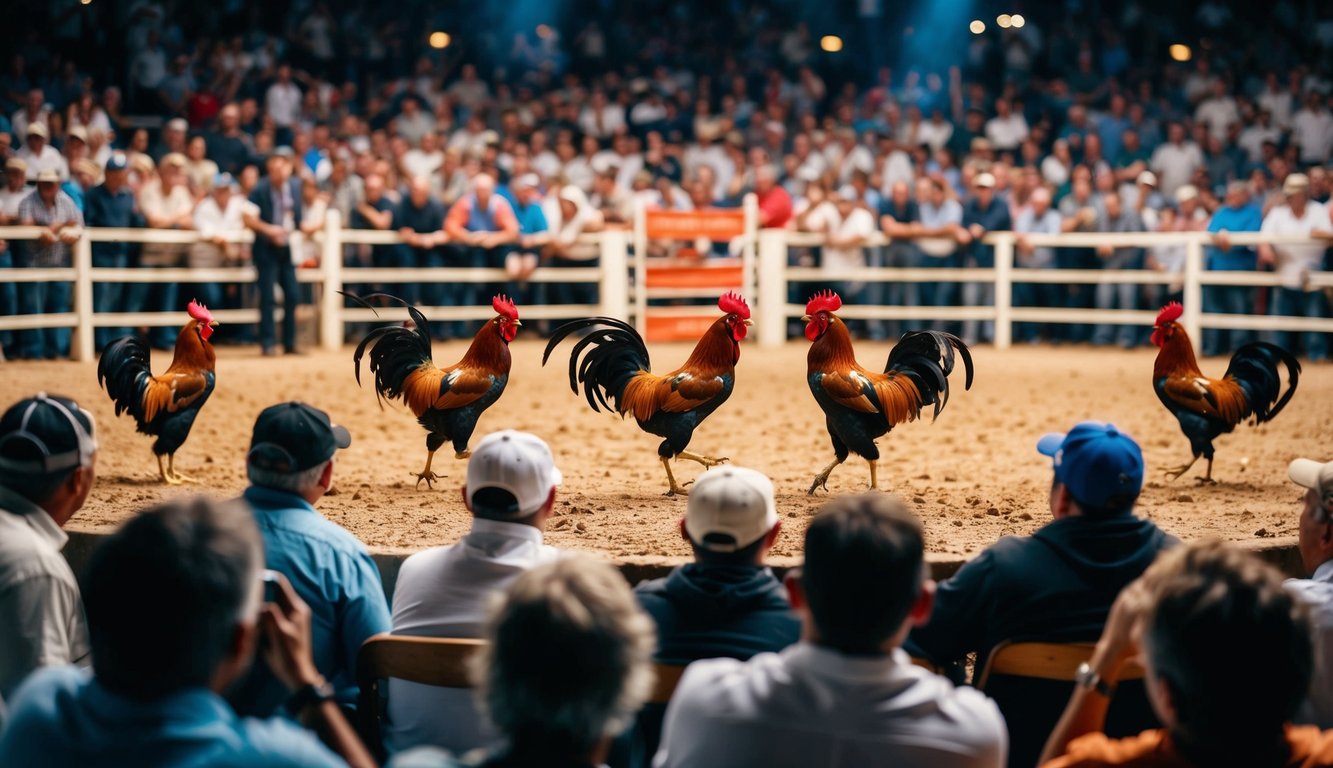 Sebuah arena yang ramai dengan ayam jantan bertarung, dikelilingi oleh penonton yang antusias