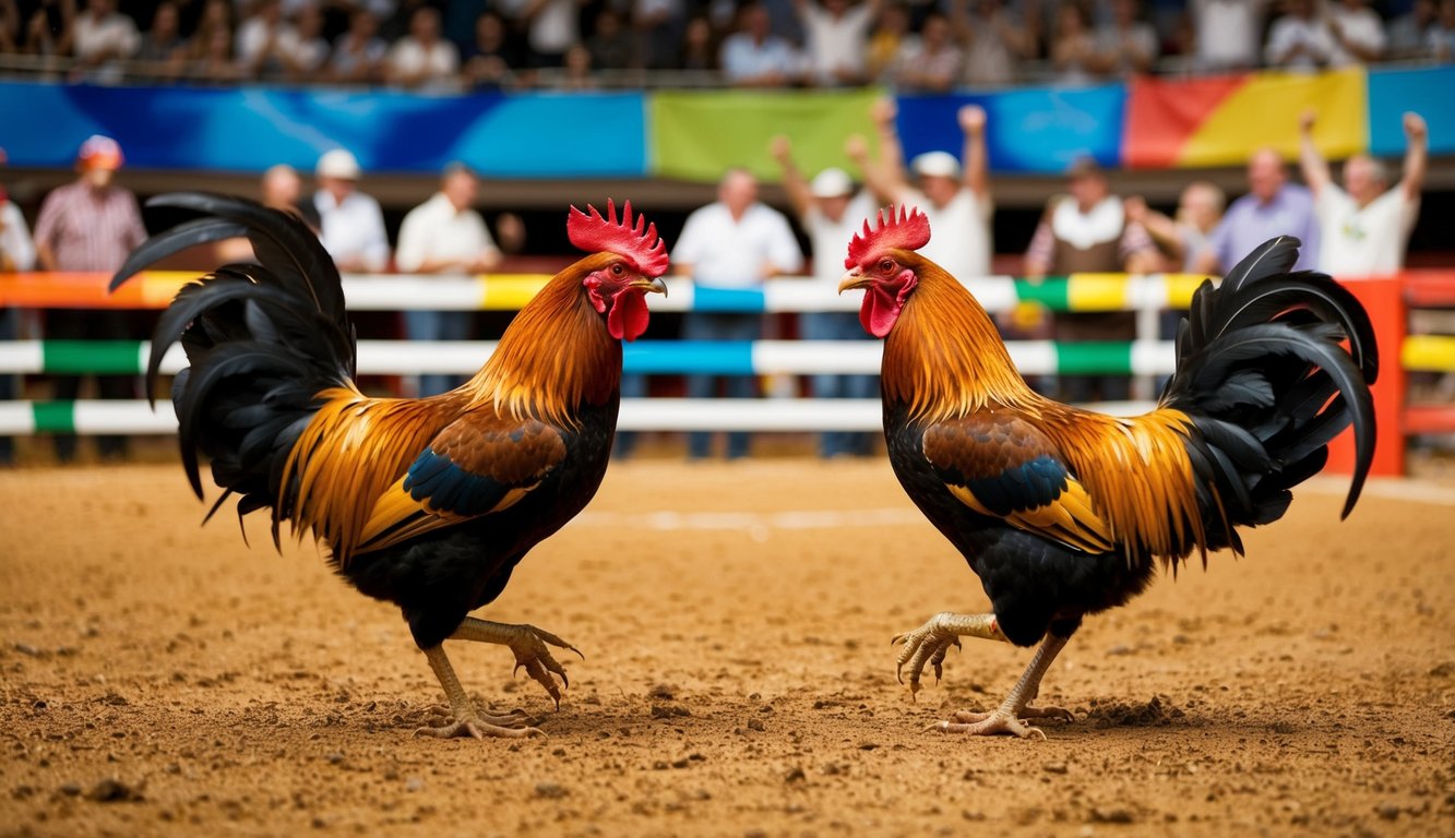 Sebuah arena yang ramai dengan dua ayam jantan berhadapan dalam pertarungan sengit, dikelilingi oleh penonton yang bersorak dan spanduk berwarna-warni.