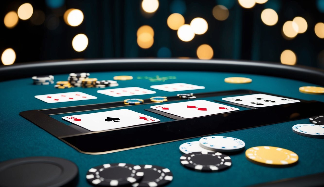 Sebuah meja blackjack yang ramping dan modern dengan kartu dan chip virtual, ditempatkan di latar belakang yang gelap dan canggih