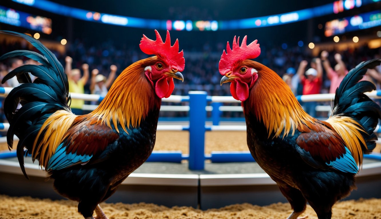 Dua ayam jantan berhadapan di arena digital, dikelilingi oleh penonton yang bersorak dan antarmuka virtual untuk sabung ayam online