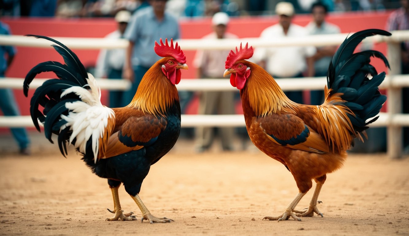 Seekor jantan dan betina saling berhadapan di arena sabung ayam tradisional