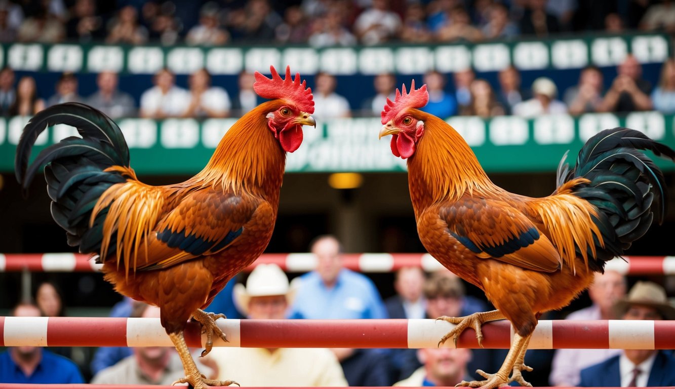 Dua ayam jantan berhadapan di arena yang ramai, dikelilingi oleh penonton yang bersorak dan deretan tempat taruhan.