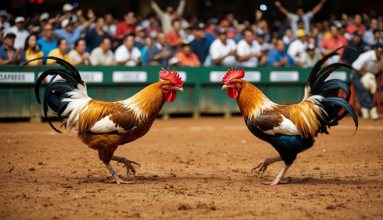 Sebuah arena yang ramai dengan dua ayam jantan yang berhadapan dalam pertandingan sabung ayam yang sah. Penonton bersorak dan memasang taruhan saat burung-burung bersiap untuk bertarung.