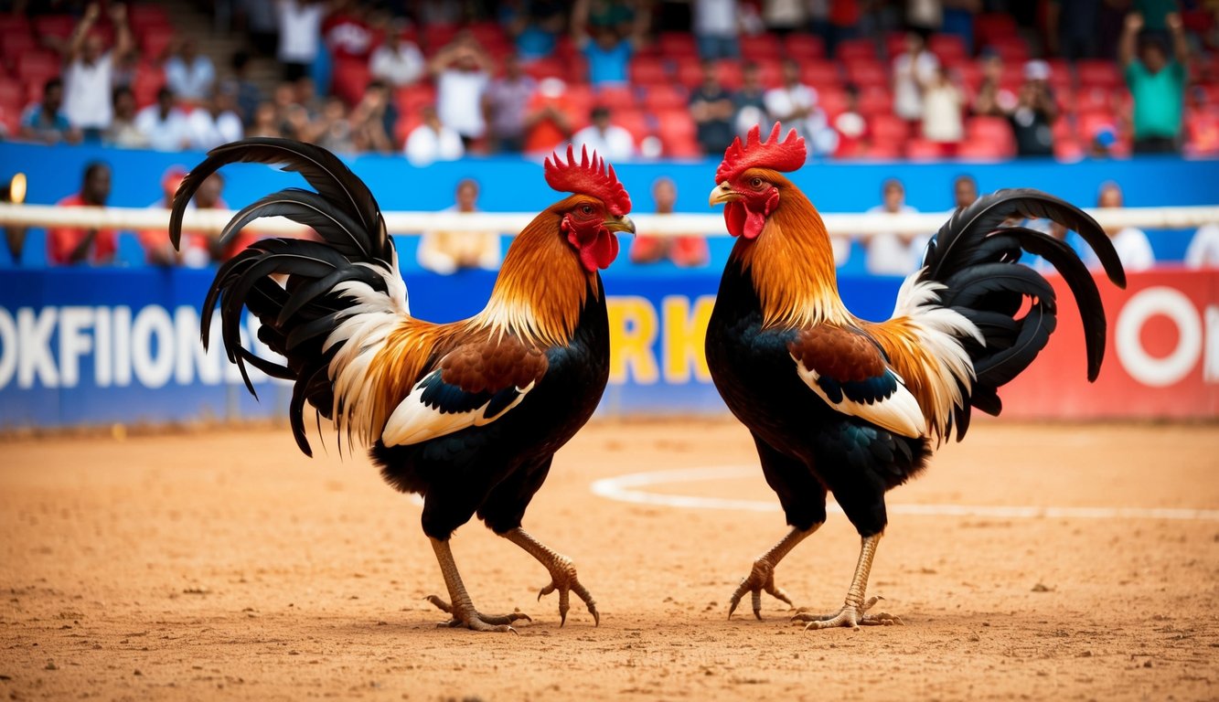 Sebuah arena sabung ayam yang meriah dengan penonton yang bersorak dan dua ayam jantan agresif yang terlibat dalam pertarungan