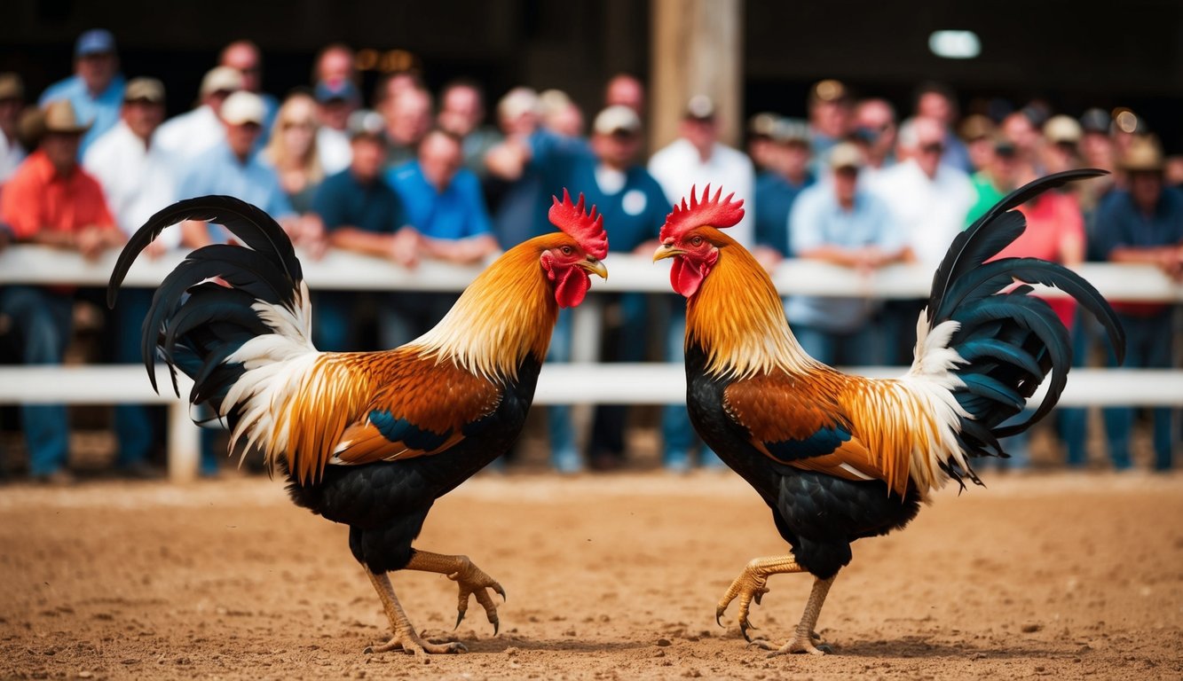 Dua ayam jantan bertarung di arena tanah yang dikelilingi oleh kerumunan