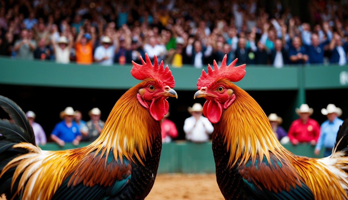 Dua ayam jantan berhadapan di arena yang ramai, bulu-bulu mereka berantakan dan paruh terbuka dalam pertarungan sengit. Penonton bersorak di latar belakang.