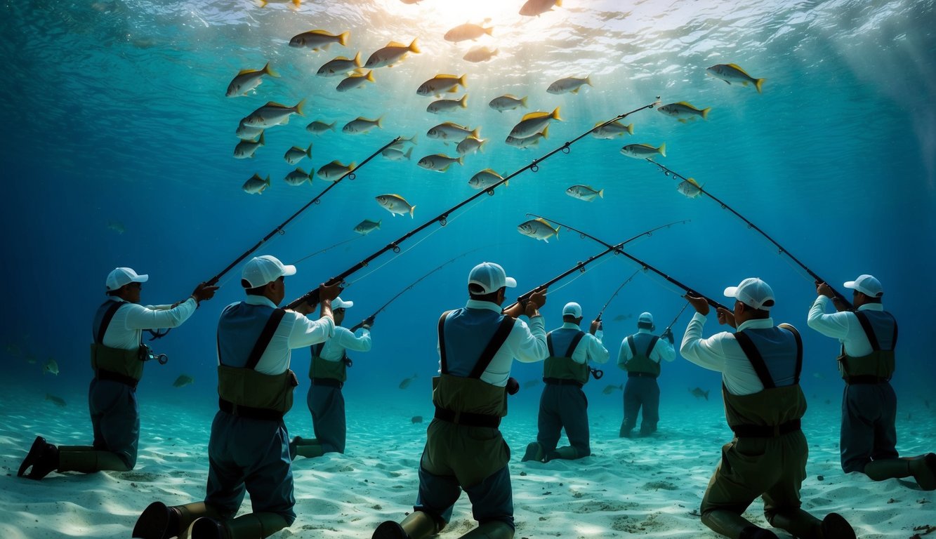 Sekelompok nelayan yang secara strategis mengarahkan dan menembak ikan di dunia bawah laut yang ramai