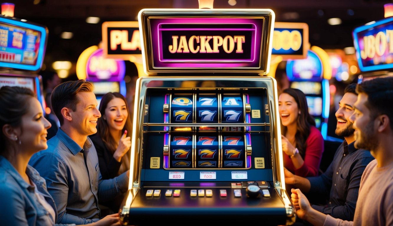 Mesin slot berwarna-warni dengan lampu berkedip dan gulungan berputar, dikelilingi oleh pemain yang bersemangat dan tampilan jackpot besar