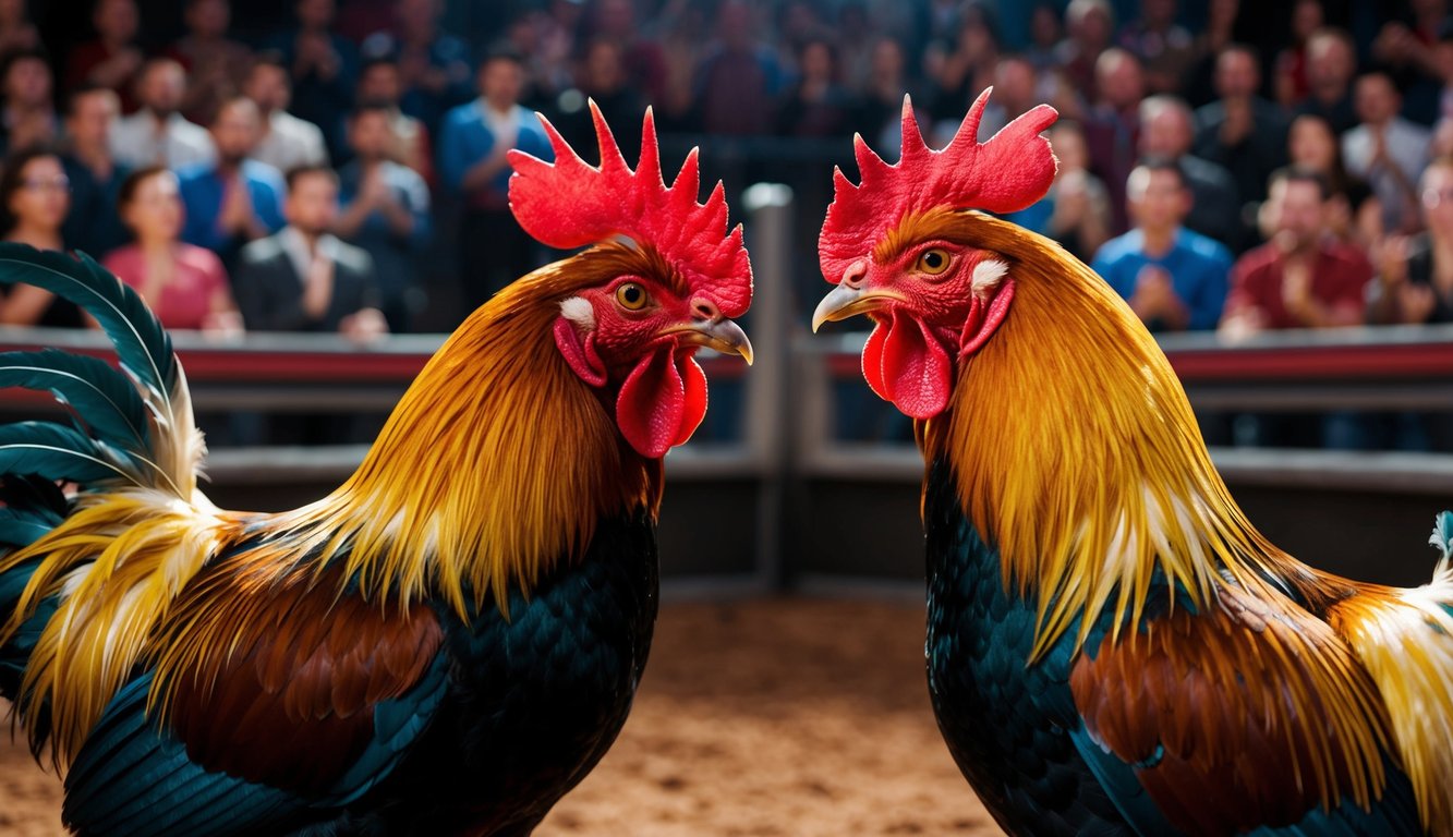 Dua ayam jantan berhadapan di arena sabung ayam online, dikelilingi oleh kerumunan avatar virtual yang bersorak.