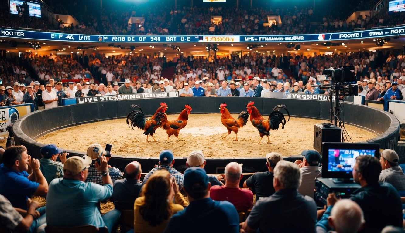 Sebuah arena yang ramai dengan ayam jantan bertarung, dikelilingi oleh penonton yang bersorak dan peralatan siaran langsung