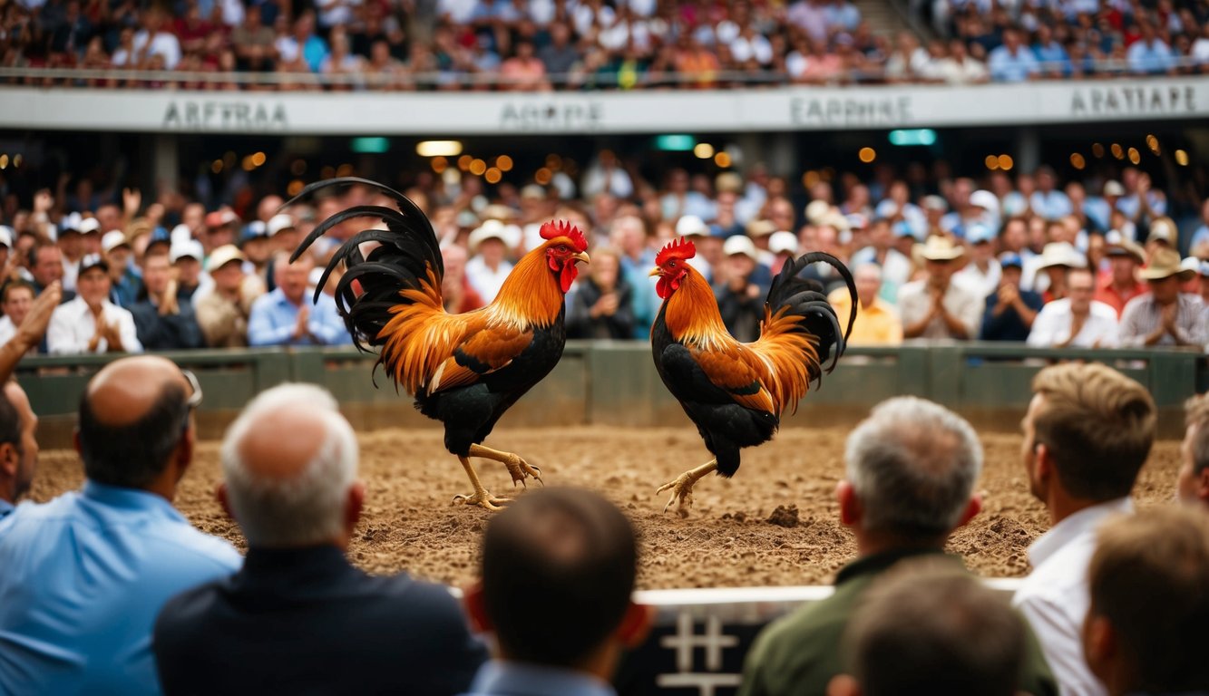 Sebuah arena yang ramai dengan ayam jantan yang bertarung, dikelilingi oleh penonton yang bersorak