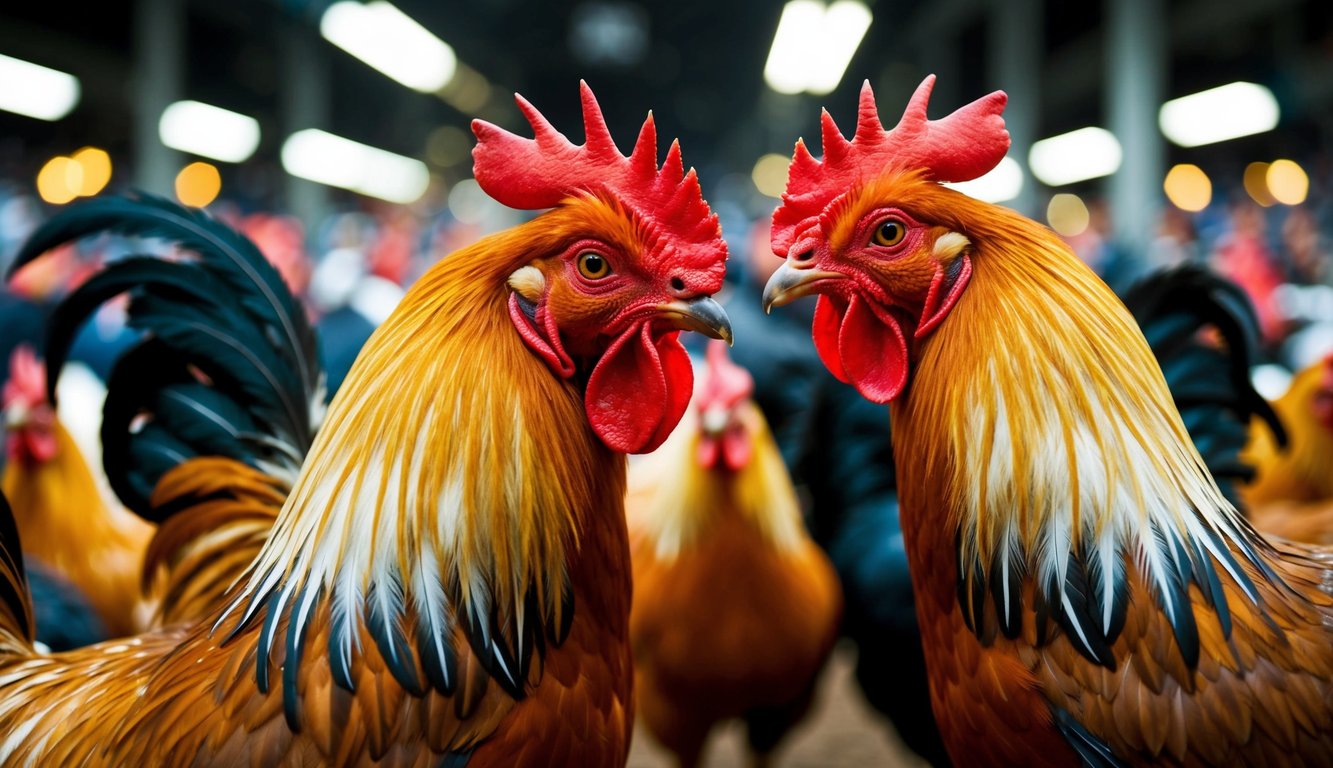 Dua ayam jantan berhadapan di arena sabung ayam online yang ramai