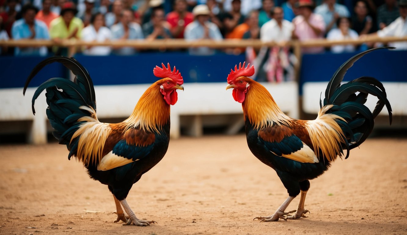 Dua ayam jantan berhadapan di arena sabung ayam tradisional, dikelilingi oleh penonton yang bersorak.