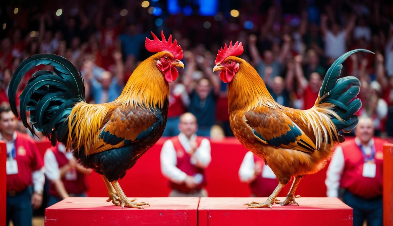 Seekor ayam jantan dan seekor ayam betina berhadap-hadapan di arena yang ramai dan berwarna-warni, dikelilingi oleh penonton yang bersorak.