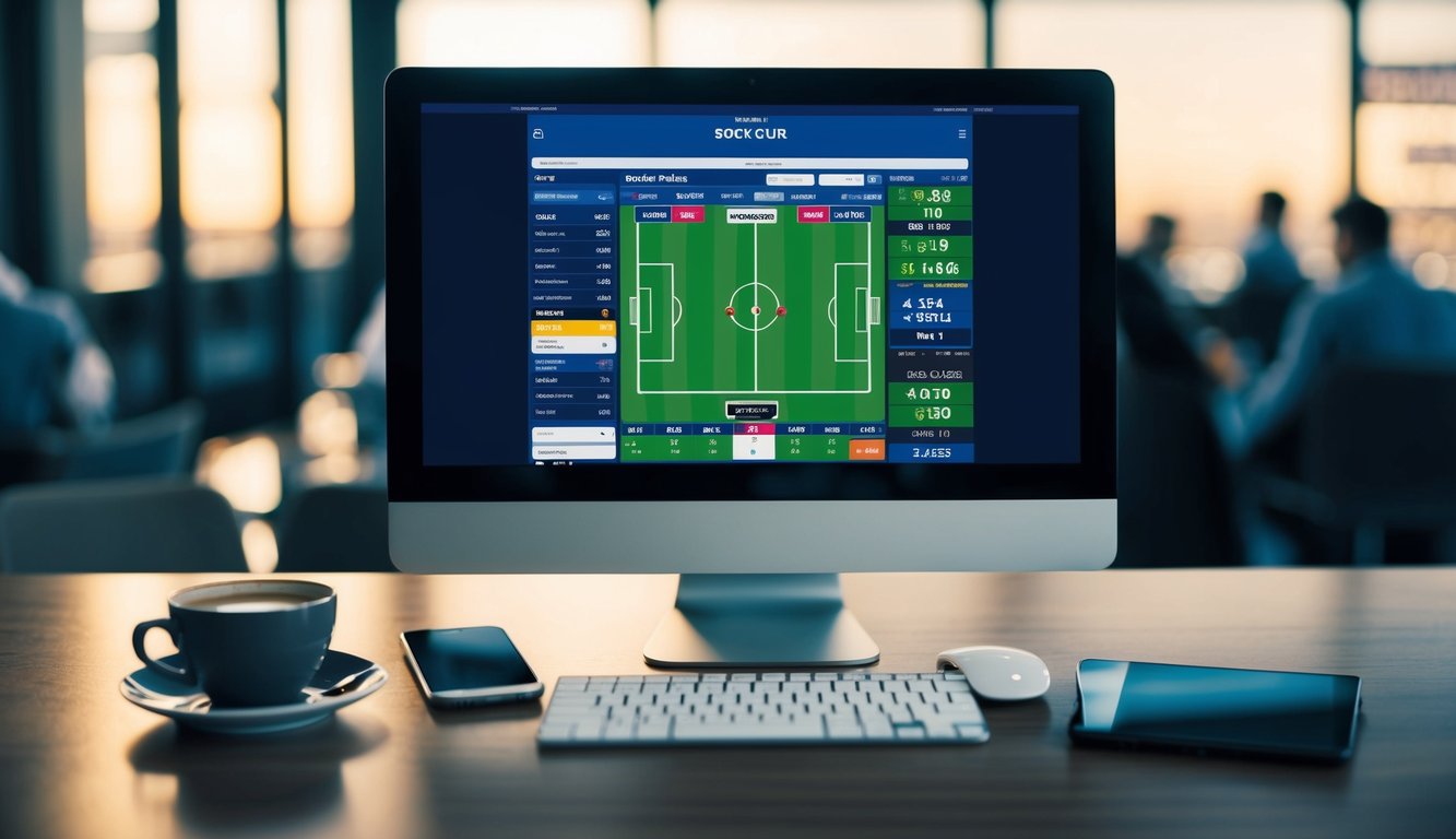 Sebuah layar komputer menampilkan pertandingan sepak bola dengan odds taruhan, dikelilingi oleh secangkir kopi dan sebuah ponsel