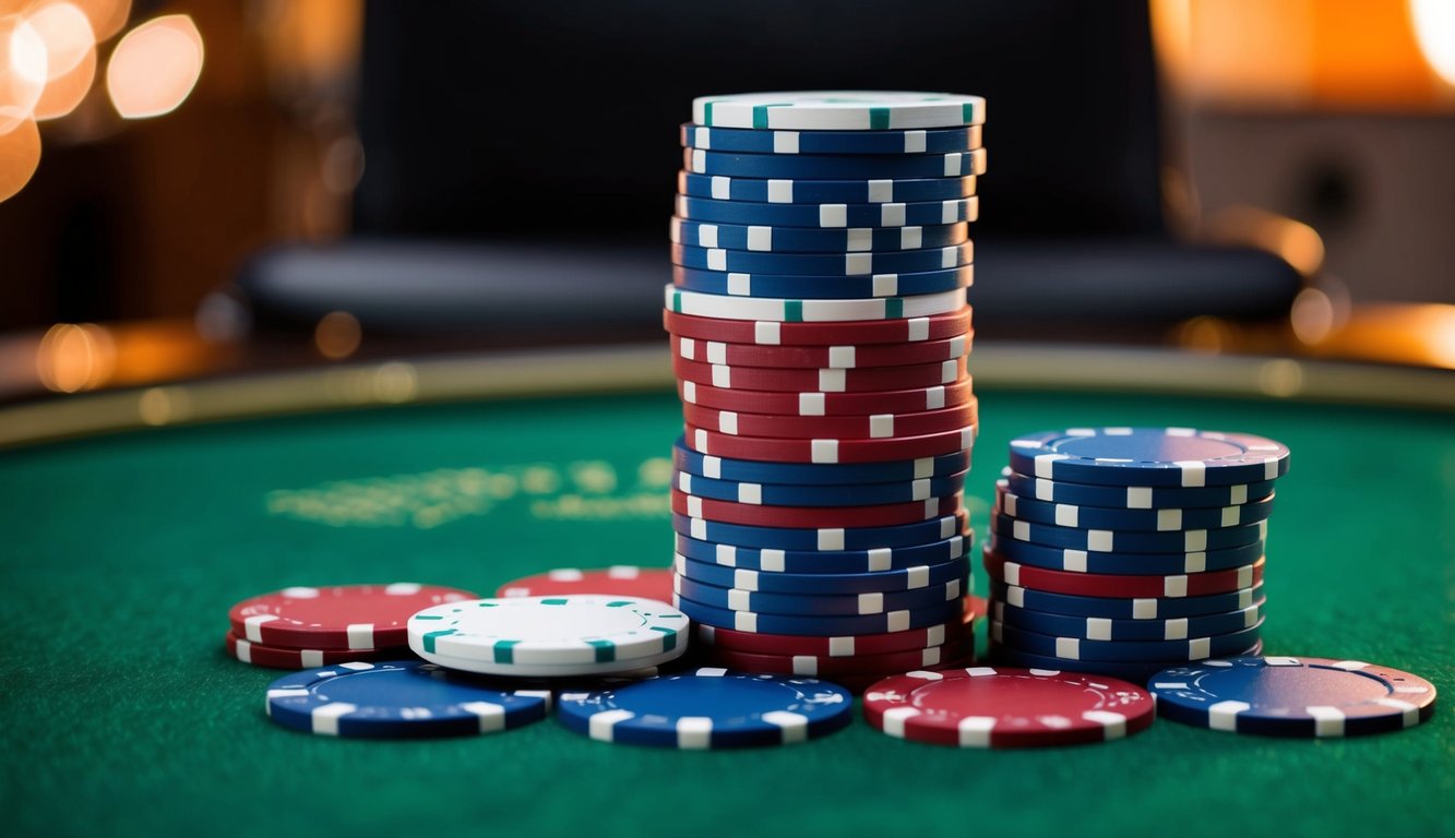 Sekumpulan chip poker yang disusun dalam pola menang di atas meja felt hijau